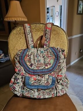 Sakroots Artist Circle Flap Backpack Purse Bag Gray Red Purple Boho Floral Owls